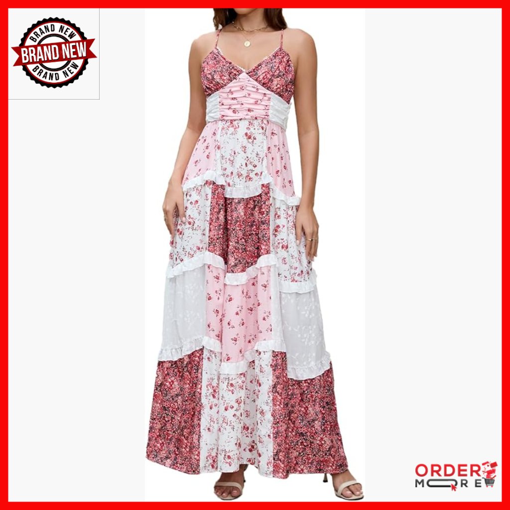 Floral Maxi Dress Spaghetti Strap V Neck Patchwork Bohemian Summer Fall